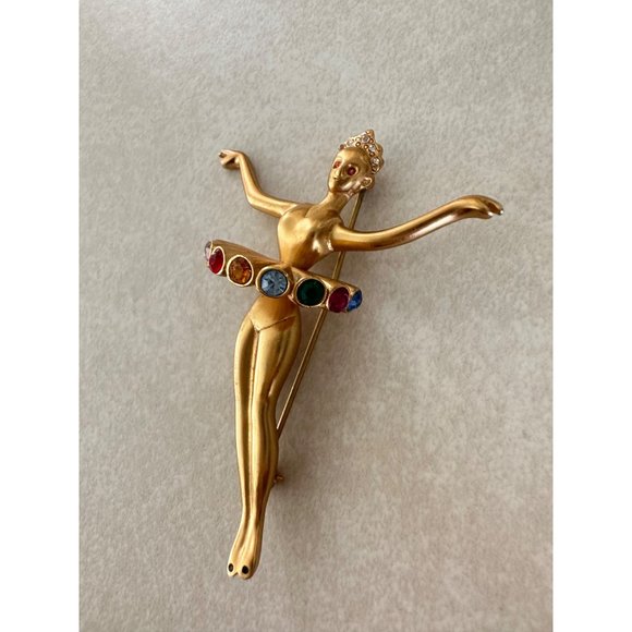 HMI 1992 vintage gold tone lady figural ballerina rainbow rhinestones brooch - Picture 4 of 9